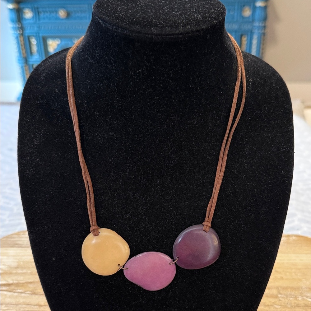 Vintage Boho Brown Leather Purple Pink Beige Multicolor Beaded Necklace